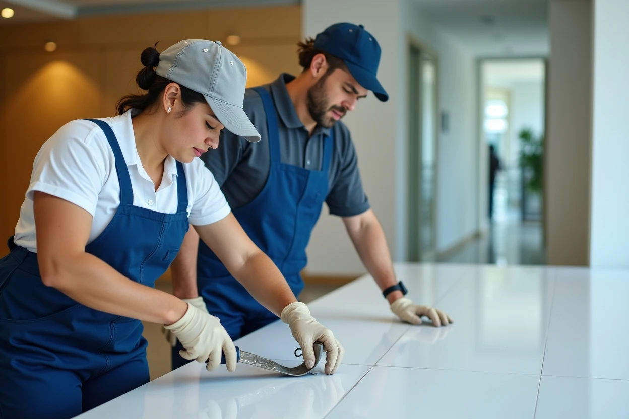 Herramientas para instalación de piso laminado sobre mesa de trabajo